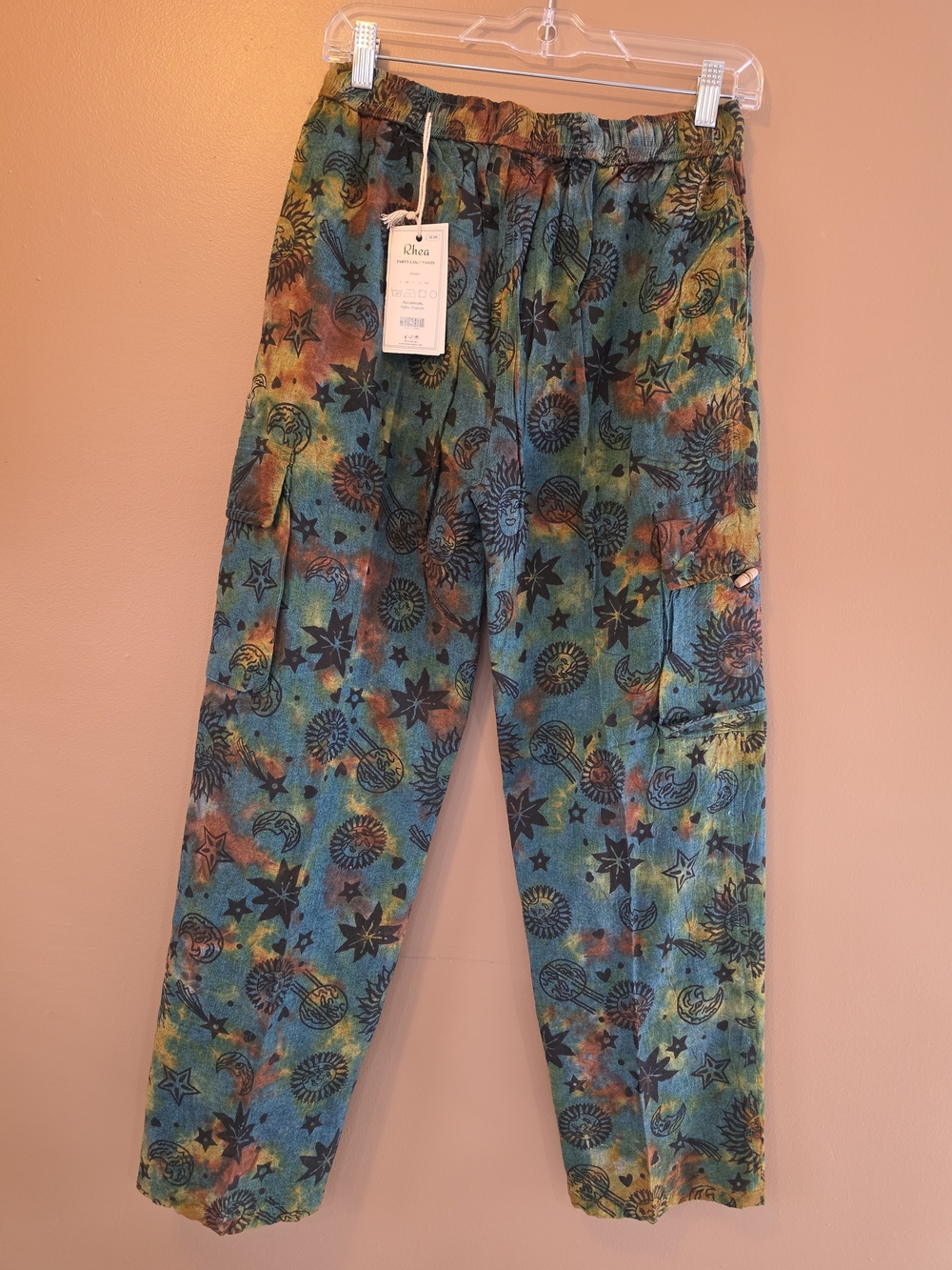 Tie-Dye Celestial Cargo Pants - Teal, Orange, Green